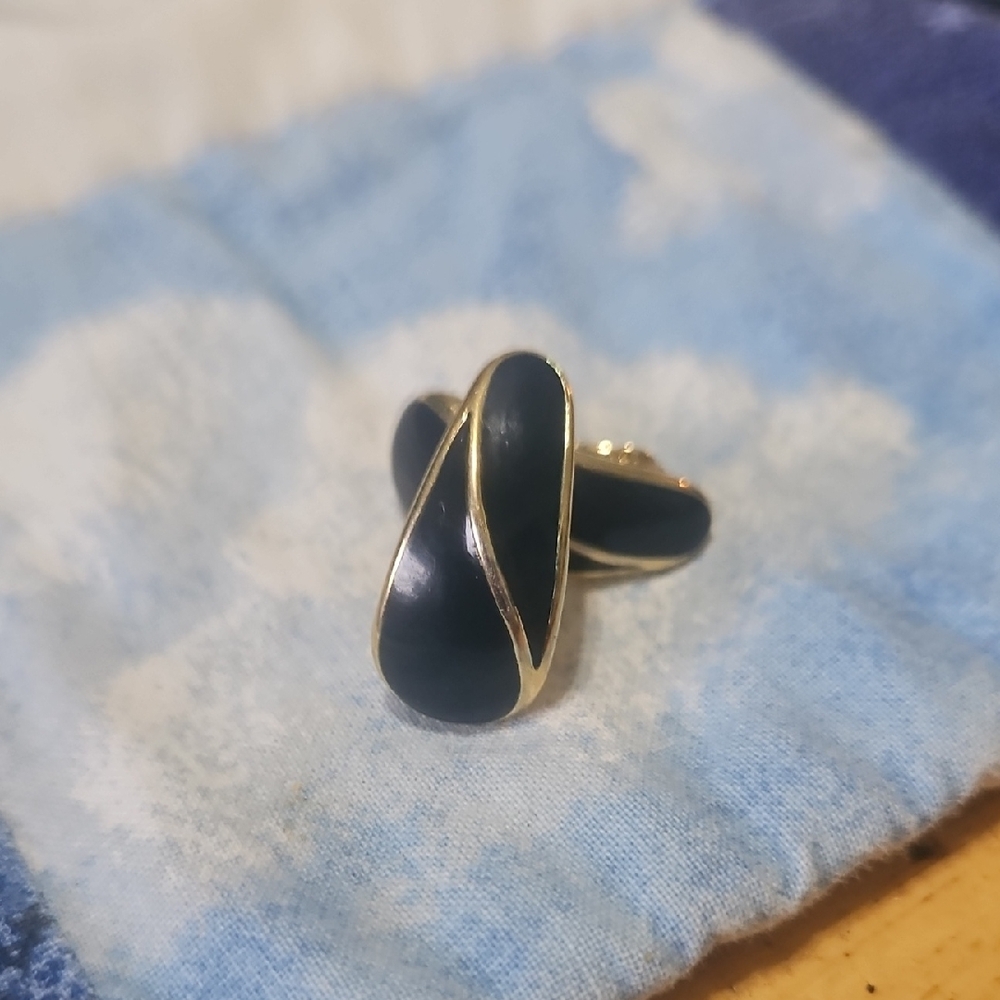 Trifari Signed Black Enamel & Goldtone J Hook Clip Earrings